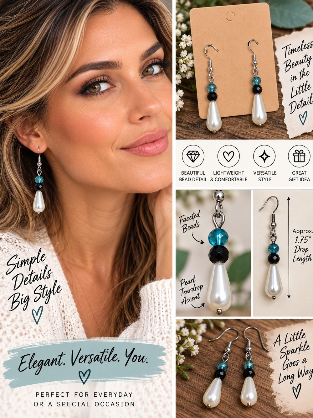 Elegant Teardrop Pearl Dangle Earrings with Blue Accent